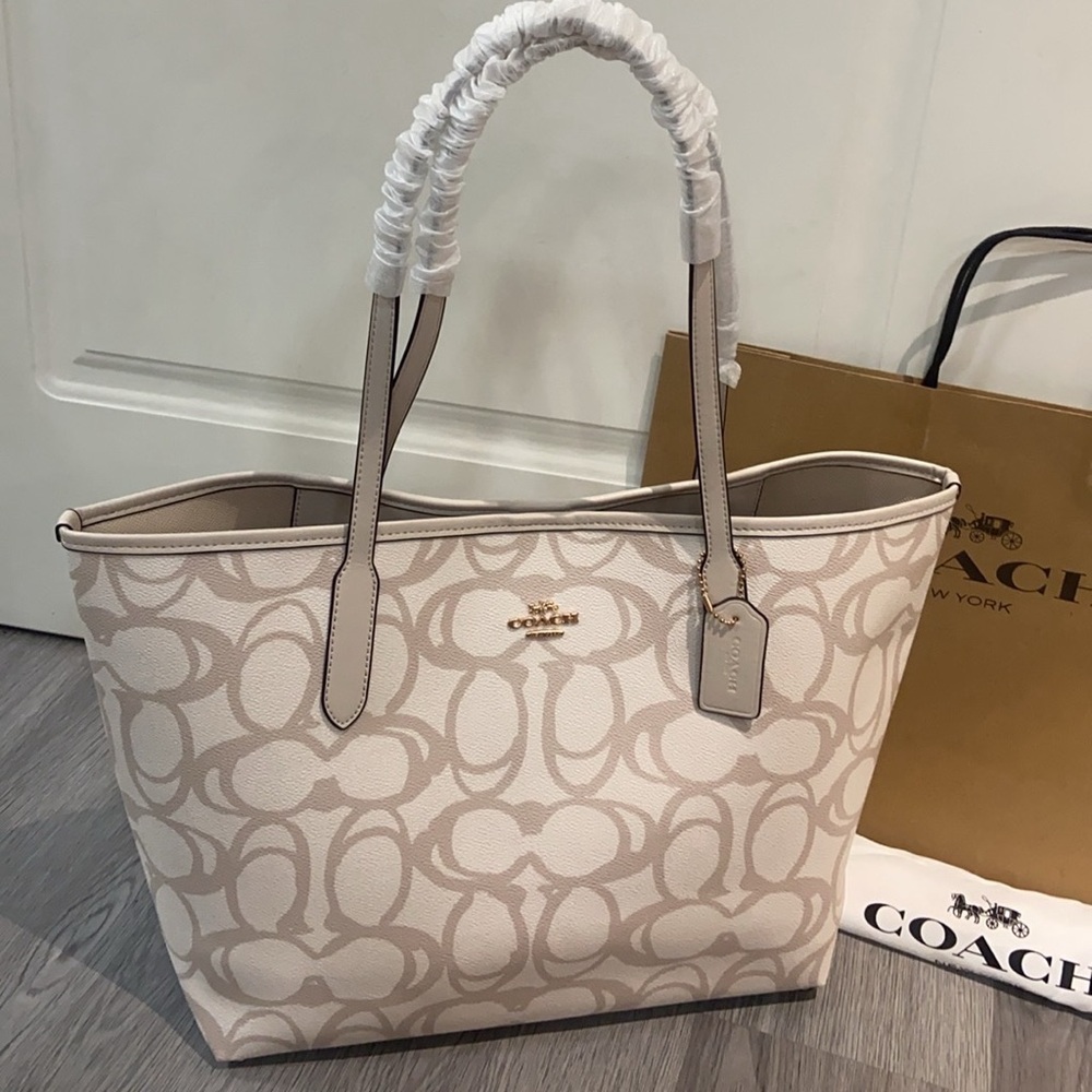Coach Beige and White Signature Tote